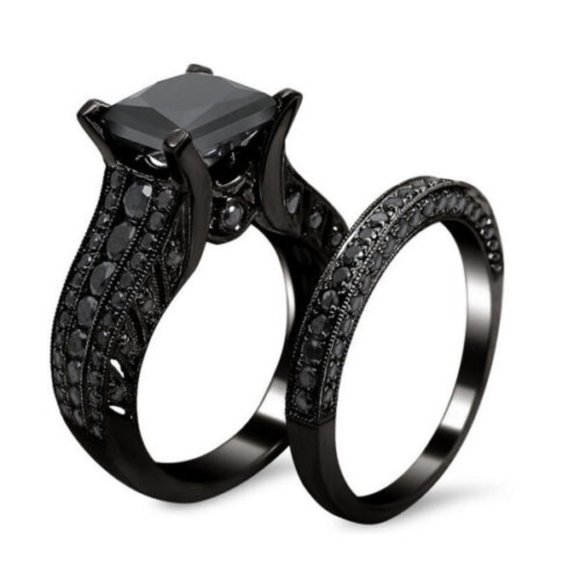 New 2pc Set Black Engagement Wedding Ring - Picture 2 of 4